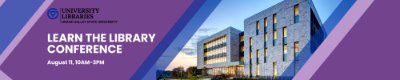 learn the library conference banner with purple and blue stripes over the Mary Idema Pew Library in Allendale